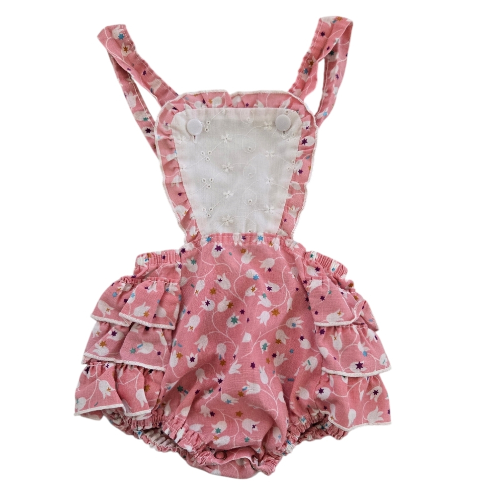 Vintage 1980s-1990s Bib Overall Floral Pink Baby Romper